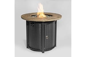 AJ ENJOY 30'' Concrete Round Gas Fire Pit, 50,000 BTU Steel Outdoor Fire Tables, Fire Table with Lid, Add Warmth & Ambience to Gatherings and Parties On Patio Deck Garden Backyard.