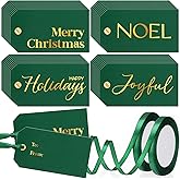 Fullhawl 100 Pcs Merry Christmas Name Tags for Gifts Christmas Tags with String Gold Foil Elegant Present Tag Paper Holiday Labels for Xmas Gifts Wrapping Presents DIY Craft(Green,Gold)