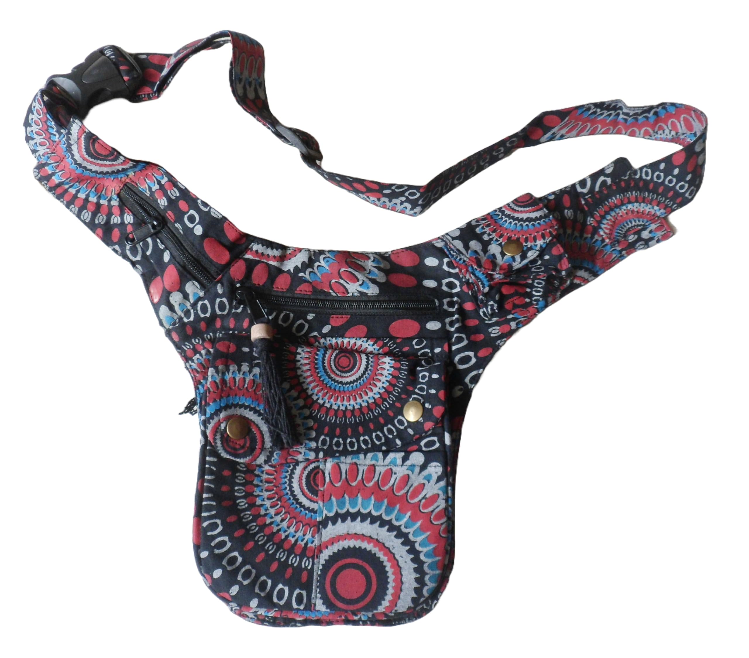 FAIR Trade Boho Cotton Print Travel 7 Pocket Passport Bag Utility Hip Money Belt (Black Print)