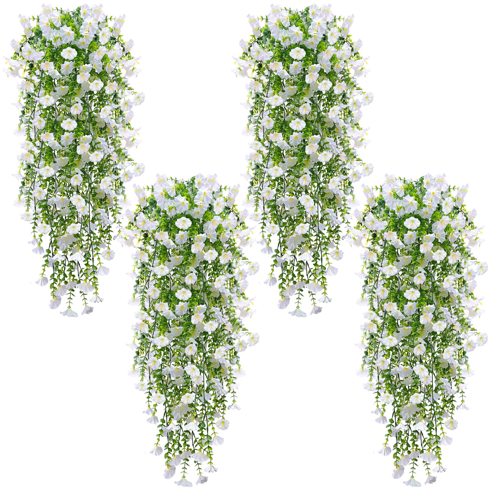 4PCS Artificial Hanging Flowers for Outdoors Summer Decoration, Fake Hanging Plants Faux Petunias with Eucalyptus, UV Resistant No Fade Plastic Realistic Silk Flowers for Porch Patio Balcony Indoor