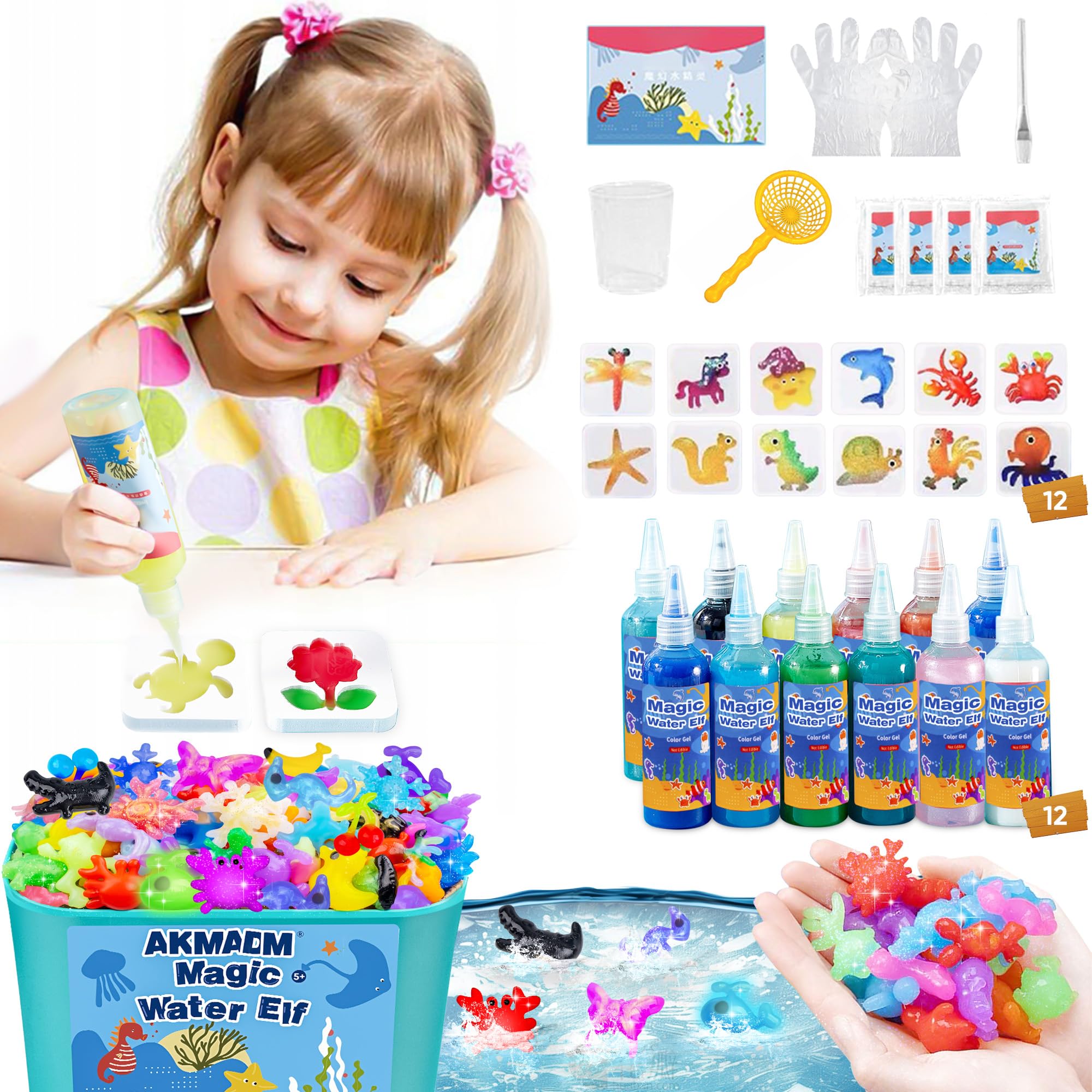 Photo 1 of AKMADM Magic Water Elf Toy Kit for Kids - Aqua Fairy Water Gel Kit - 12 Colors*100ml Squishy Maker Set - 12 Shape Molds - Arts & Crafts Water Elf Creation kit - Children's DIY Marine Life (12 Colors)