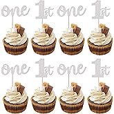 Rsstarxi 24 Pack One Cupcake Toppers Glitter 1st Birthday Cupcake Picks for Baby Shower First Birthday Party Cake Decorations Supplies Silver