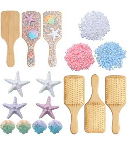DIY Wooden Hairbrush Kit with Pearls Shells Starfish for Women Girls Gift Mermaid hair brush ??‍♀️✨? #mermaidvibes #h2o  main image 2