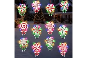 DECEED 12 PCS Christmas Candy Yard Signs with LED Lights, Xmas Peppermint Lollipop Outdoor Decorations with Stakes, Christmas