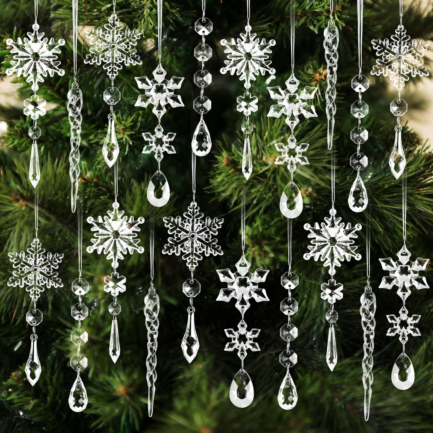 Photo 1 of 20pcs Christmas Ornaments Christmas Tree Decorations Hanging Acrylic Snowflake Icicle Crystal Ornaments with Drop Pendants for Christmas Decorations Indoor Xmas Tree Winter New Year Party Supplies