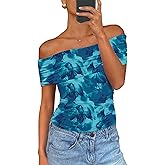 PRETTYGARDEN Women's Off The Shoulder Short Sleeve Ruched Slim Fit Blouse