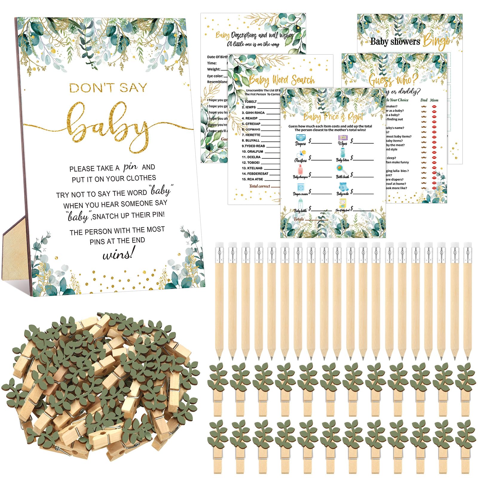 Photo 1 of Patelai 321 Pcs Greenery Baby Shower Game Supplies for Girl or Boy 5 Set Include 50 Activity Cards 20 Pencils 1 Don't Say Baby Sign 50 Clothespins for Price is Right Prediction Bingo Game Party Decor