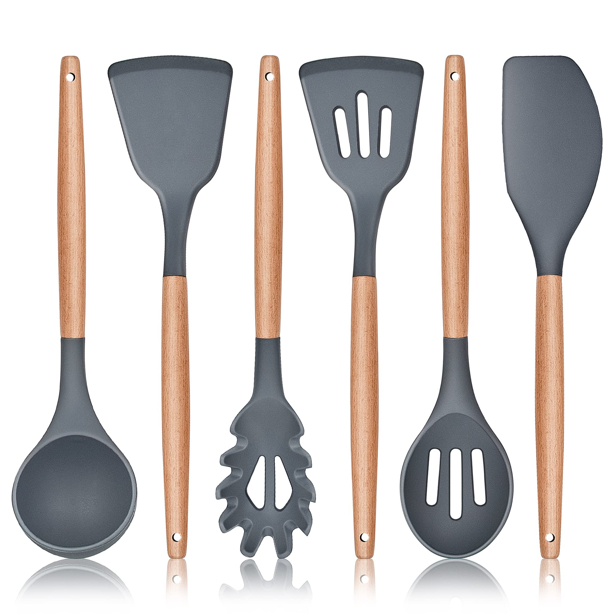 Herogo Kitchen Utensils Set, 6 Piece Silicone Cooking Utensils Set, Non-Stick Spatula Turner Spoon with Wooden Handle, Heat Resistant Kitchen Tools for Nonstick Cookware - Grey