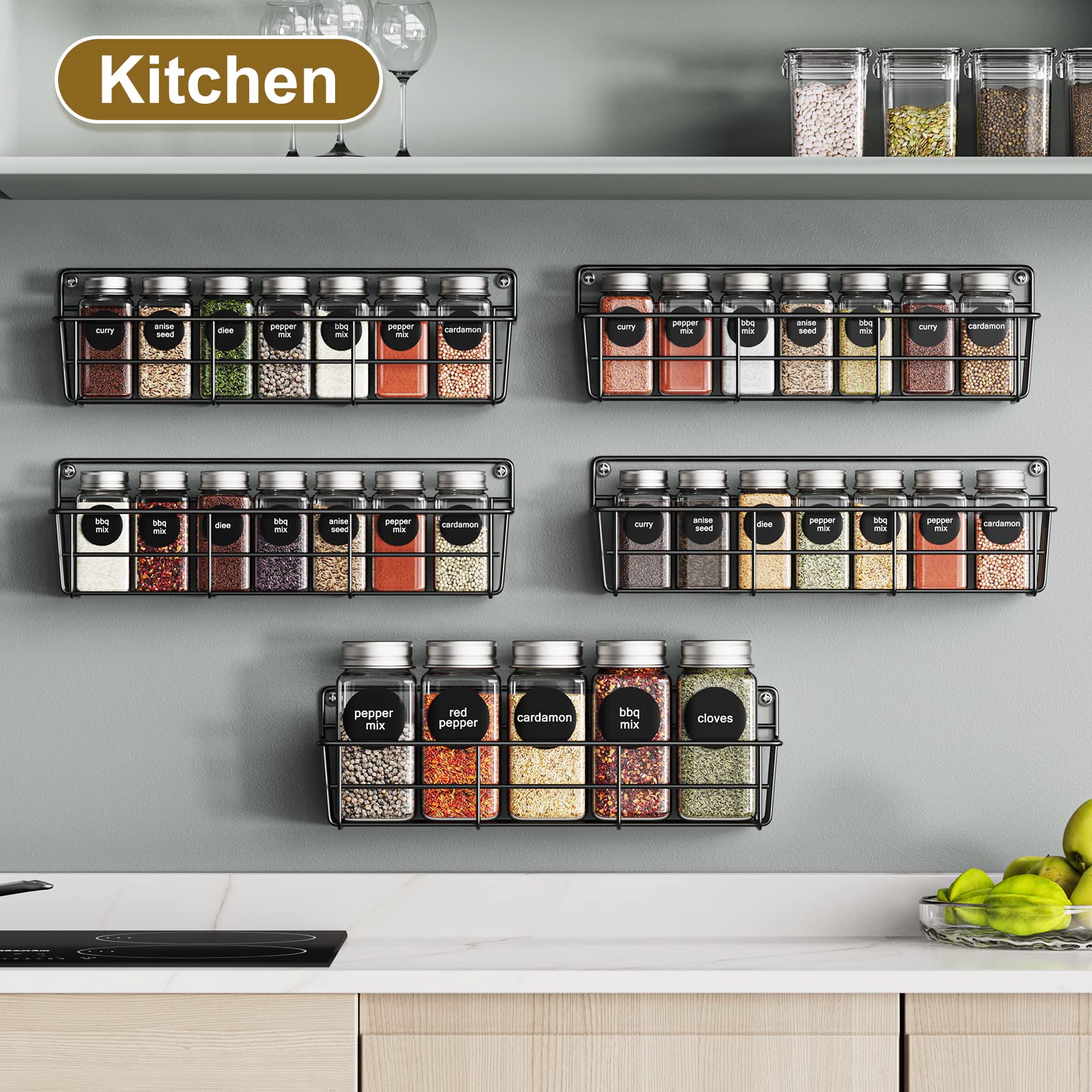 5 Pack Spice Rack Seasoning Organizer Wall Mount, Screw or Adhesive Hanging Shelf Basket Spice Organizer Shelf for Kitchen, Black