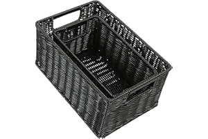 HOONEX Wicker Baskets for Storage, Plastic Baskets for Organizing with Dual Handles, Woven Baskets for Storage, Set of 2, Black