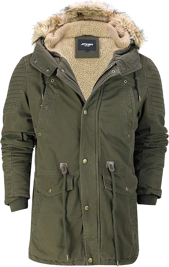 Mens Warm Heavy Winter Jacket Fur Lining Padded Cotton Parka Biker Style Fur Trim Hood Coat[5810