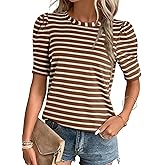 Dokotoo Women's Casual Short Puff Sleeve Crew Neck Striped T Shirts Summer Tops
