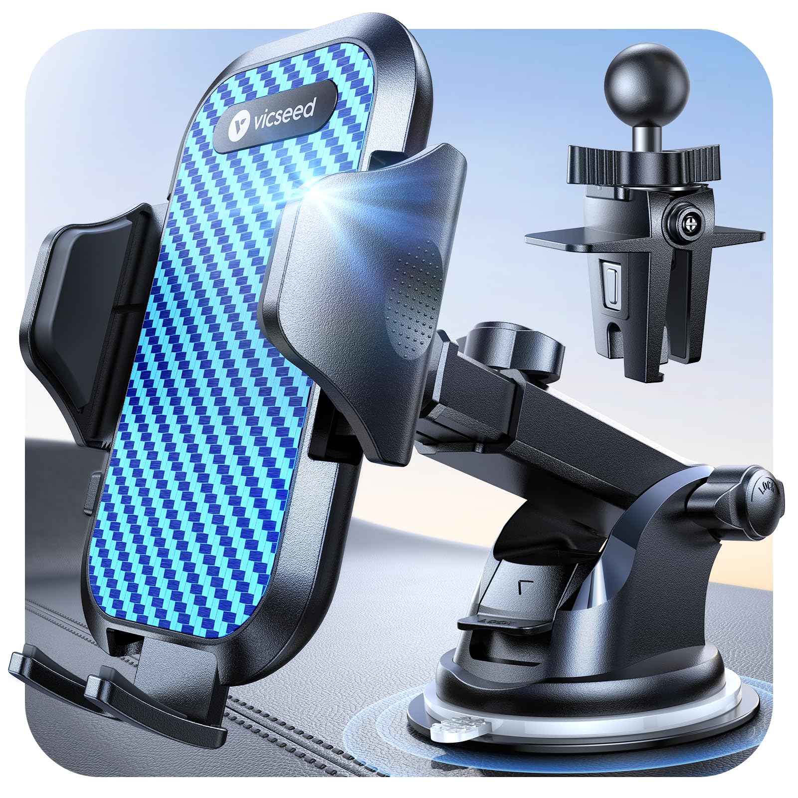 VICSEED Blue Phone Holders for Your Car [Upgraded True Military-Grade Strongest Suction] Cell Phone Mount for Car Dashboard Windshield Vent Truck Boat Stand Adjustable for iPhone Android Smartphones