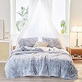 Joyreap 3-Piece Plush Shaggy Comforter Set, Full/Queen Size Luxury Faux Fur Sherpa Reversible Bedding Comforter Set, Ultra Cozy Warm Fluffy Bedding Set for Winter (Gray n White, 88x88 inches)