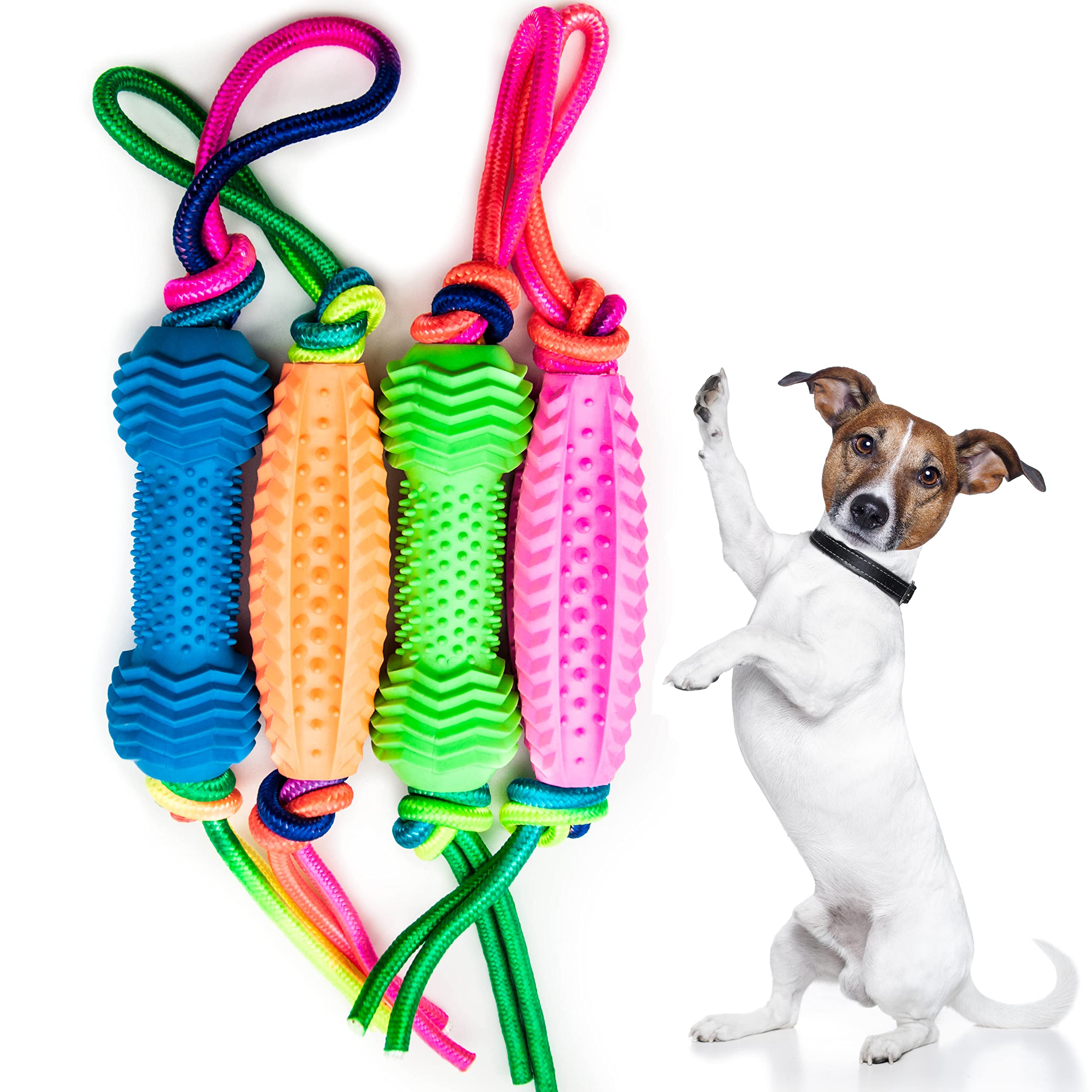Petopedia 4x Dog Chew Toy with Rope – Puppy Toys from 8 weeks, Small and Medium Dogs – Flexible Bone & Corn – Interactive, Boredom, Dental, Teething, Chewing, Training, Pack of 4