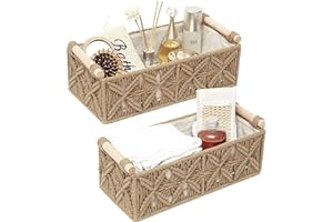 HOSROOME Macrame Storage Basket Boho Decor Baskets for Organizing Woven Decorative Basket for Countertop Toilet Paper Basket for Toilet Tank Top Shelf Basket with Handle for Bathroom Decor Nursery (Set of 2)
