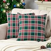 Green Tartan Plaid Christmas Decorative Throw Pillow Covers 18x18 Set of 2, Green Farmhouse Christmas Decor Buffalo Plaid Pillows for Couch & Living Room, Traditional Country Xmas Decorations