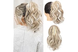 SEIKEA 12" Highlight Ponytail Extension, PT001 Ella Claw Short Thick Wavy Curly Jaw Clip in Fake Pony Tails Fake Hair Soft Natural Looking Synthetic Hairpiece Medium Blonde White Blonde Highlights
