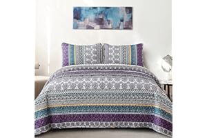 WONGS BEDDING Boho Quilt Set California King Size, Purple Bohemian 3 Pieces Quilt Sets, Lightweight Summer Bedspread Coverlet Bedding Set for All Season (106"x96")
