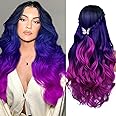 Quantum Love Long Purple Wavy Wigs Ombre Purple Body Wave Mermaid Hair Wig for Women Middle Part Colorful Curly Synthetic Hair for Halloween Cosplay Daily Party Use