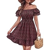 Triratna Womens Off The Shoulder Floral Mini Dress Babydoll Summer Beach Vacation Flowy Boho Sundress