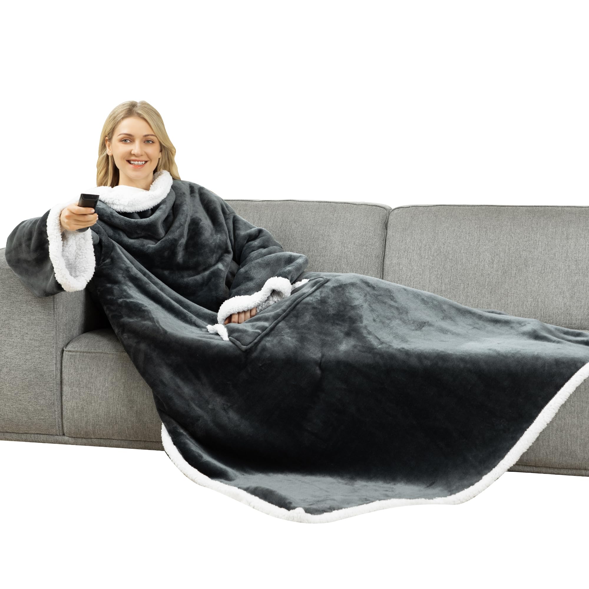 Winthome Double Warmer Wearable Blanket with Sleeves, Super Soft Sherpa Blanket for Adult Women Men (Grey) โ image 1