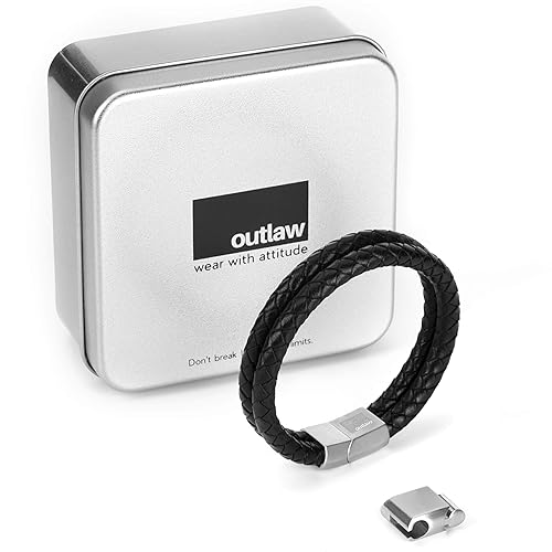 OUTLAW „Back in Black' Lederarmband für Männer - inkl. Verlängerung und Metalldose - gebürsteter Edelstahl - Magnetverschluss