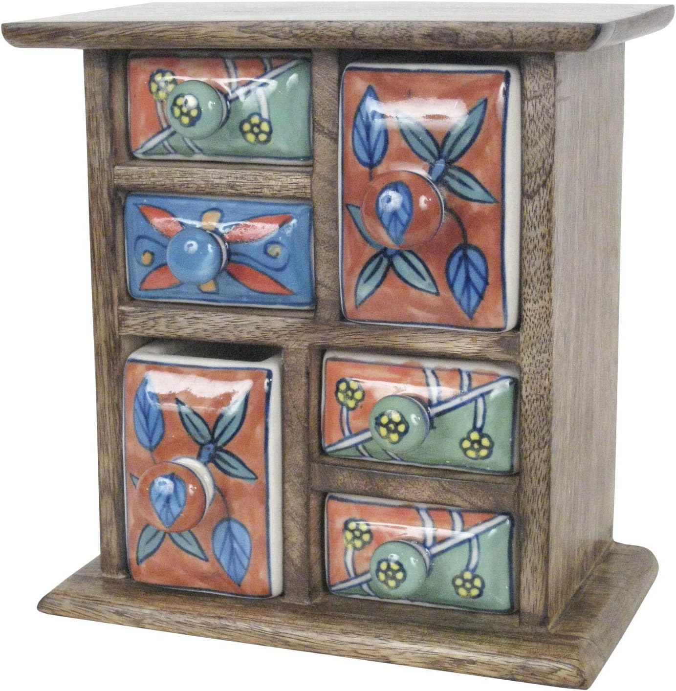 20 5cm Ceramic 6 Drawer Mango Wood Almirah Spice Jewellery Trinket