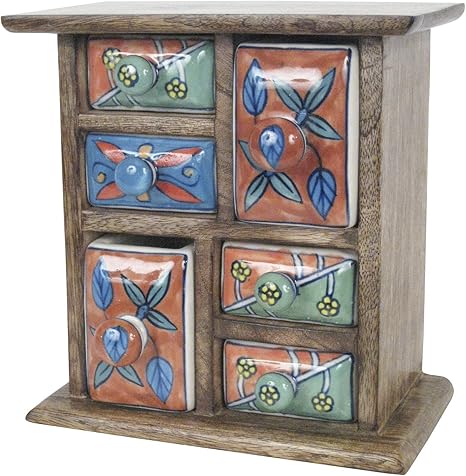 20 5cm Ceramic 6 Drawer Mango Wood Almirah Spice Jewellery Trinket