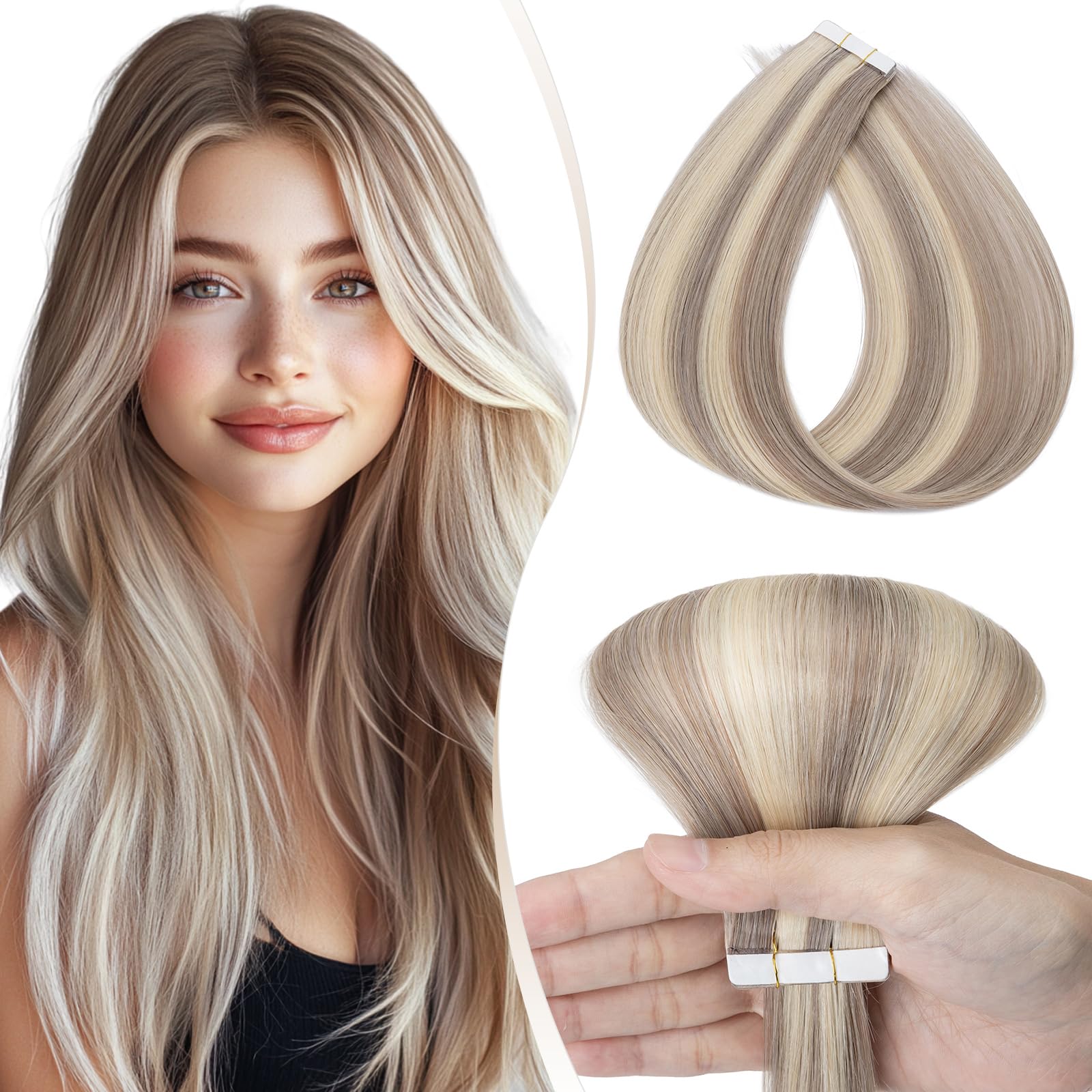 Elailite Tape in Hair Extensions Human Hair Real Human Hair 10 Pcs Invisible Thin Type - Seamless Skin Weft Remy Hair Extension (#18/613 Ash Blonde Mix Bleach Blonde, 16 Inch-15g)