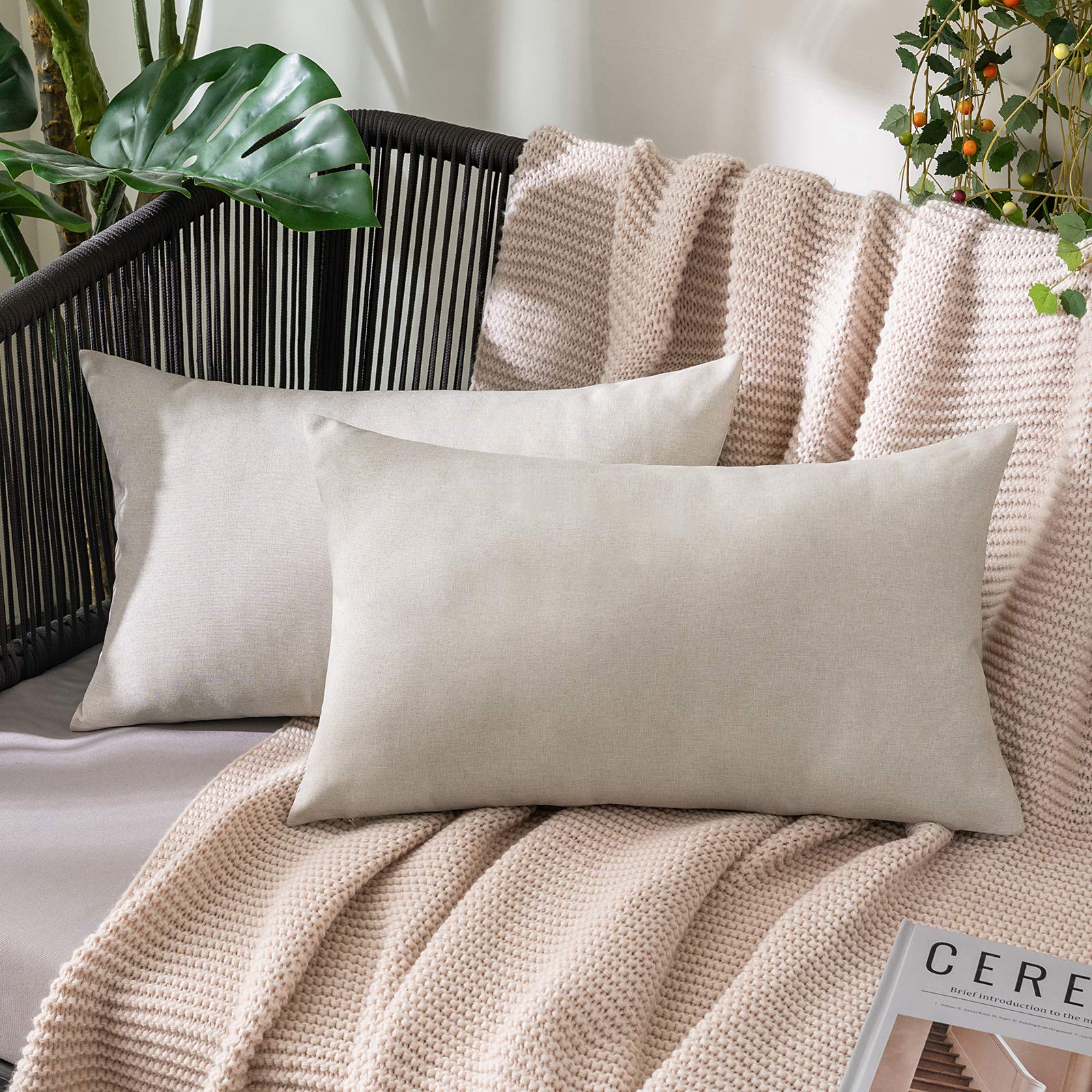 MIULEE Waterproof Outdoor Cushion Covers 12x20 Inches Set of 2 Water Resistant Decorative Throw Pillow Covers Outside for Garden Furniture Patio Couch Sofa Bed Linen Balcony, 30x50cm Beige — image 1