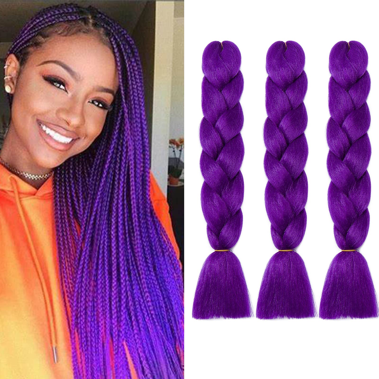 24" Braiding Hair Extension Jumbo Braids Synthetic 3bundles/pack Crochet Hair Afro Box Braid Heat Resistent (Dark Purple) — image 1