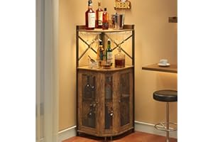 JKsmart Corner Bar Cabinet with LED Lights,Industrial Wine Cabinet with Glass Holder,4-Tier Wine Cabinet with Door and Shelf,Farmhouse Home Bar for Liquor Wine Coffee Storage,Rustic Brown