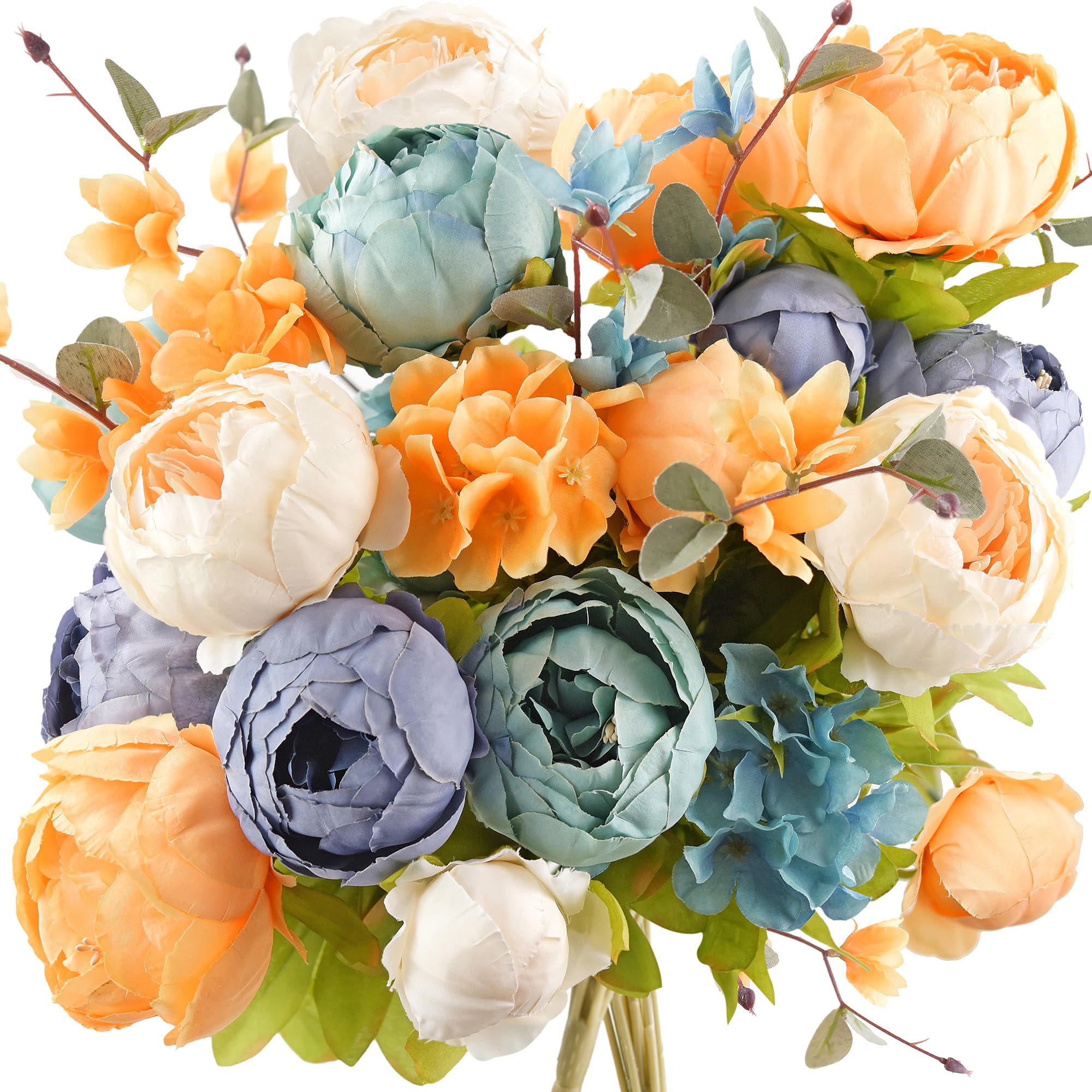FiveSeasonStuff Mixed Blue and Peach Artificial Peony and Hydrangea Bouquet, Silk Flower Arrangement with Greenery for Home Interiors and Display Styling