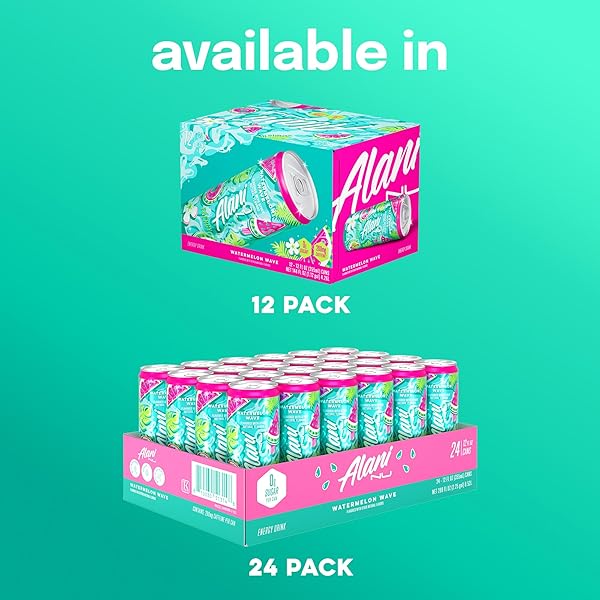 ALANI NU WATERMELON WAVE, SUGAR FREE, LOW CALORIE ENERGY DRINKS, 200MG CAFFEINE, BIOTIN, B VITAMINS, ZERO SUGAR, 10 CALORIES, 12 FL OZ CANS, 24 PACK