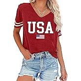 Susongeth USA Patriotic American Flag Shirt Women 4th of July T-Shirts V-Neck Short Sleeve Casual Top Tees