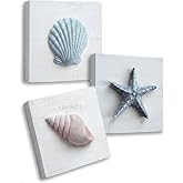 Tide and Tales 3D Beach Wall Art, Coastal Bathroom Wall Decor, Set of 3 | 6" x 6", Textured 3D Seashells Room Decor, Lightweight, Hand Painted, Beach Decorations for Home, Hanging Ready, Gift Boxed