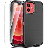 YmhxcY for iPhone 12 Case/iPhone 12 Pro Case[2 pcs Tempered Glass Screen Protector] Drop Proof 3-Layer Durable Cover/Shockproof Armor Solid Rubber Stripe Case for iPhone 12/12 Pro 6.1"-Black