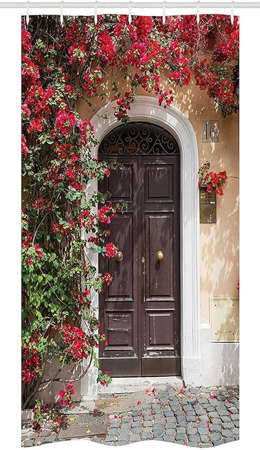 Amazon モロッコのストールシャワーカーテン花に囲まれた古い木製のドアヨーロッパ中世の入り口イタリア布フック付きのバスルームの装飾セット シャワーカーテン ホーム キッチン オンライン通販