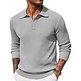 COOFANDY Mens Knit Polo Shirts Long Sleeve Casual Polo Sweaters Shirt Waffle Textured Collared Sweater