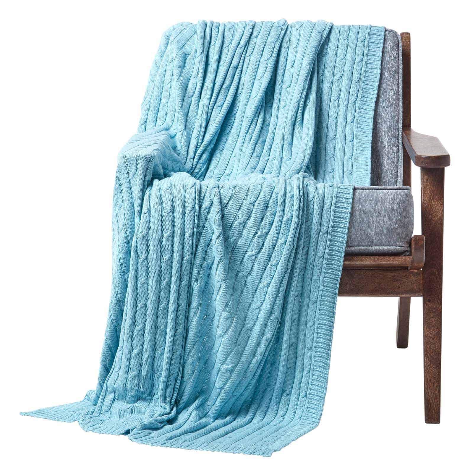 HOMESCAPES Pastel Blue Cable Knit Throw 130 x 170 cm Combed Cotton Soft and Cosy Blanket Bed and Sofa Throw For Armchairs and Single Beds
