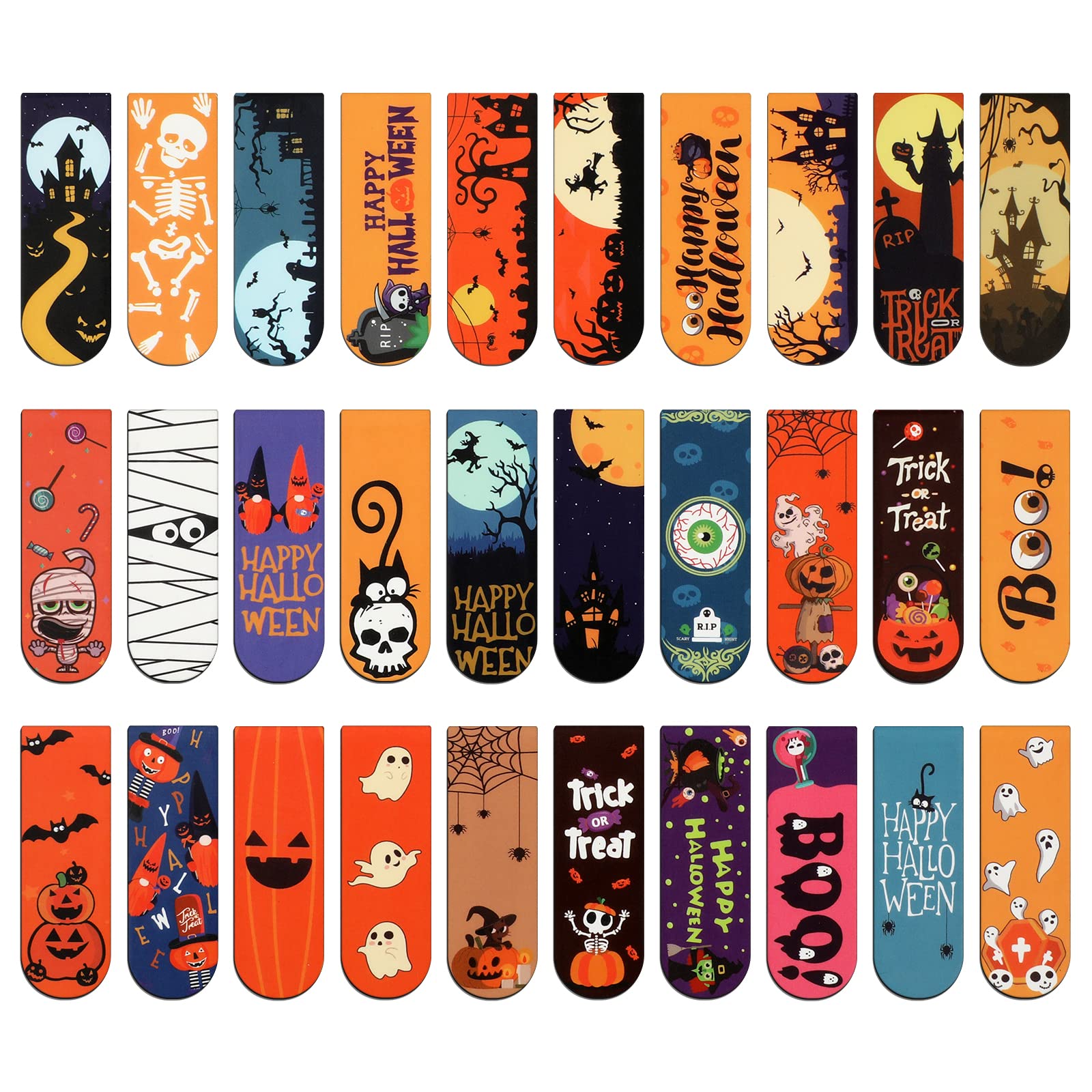MWOOT 30 Pieces Halloween Magnetic Bookmark,Magnet Page Book Markers Set,Assorted Page Clips Bookmarks for Students School Office Reading (2x6cm,30 Styles)