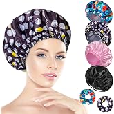 Shower Cap for Women Set of 4, Reusable Bath Caps + 2 Satin Hair Scrunchies | Double Layers, Waterproof Hair Caps, for Bath Accessories, Spa, Travel Home - Pattern A