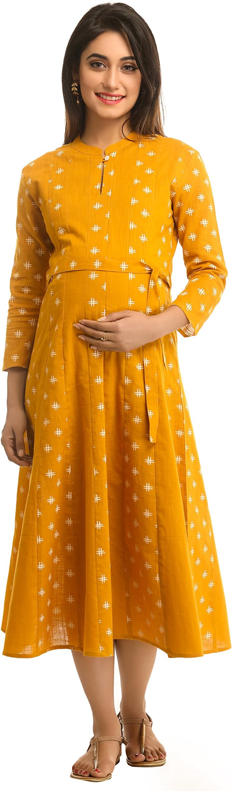 ANAYNA Women;s Cotton Printed Maternity Dress (Yellow)