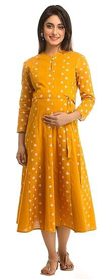 ANAYNA Women;s Cotton Printed Maternity Dress (Yellow)