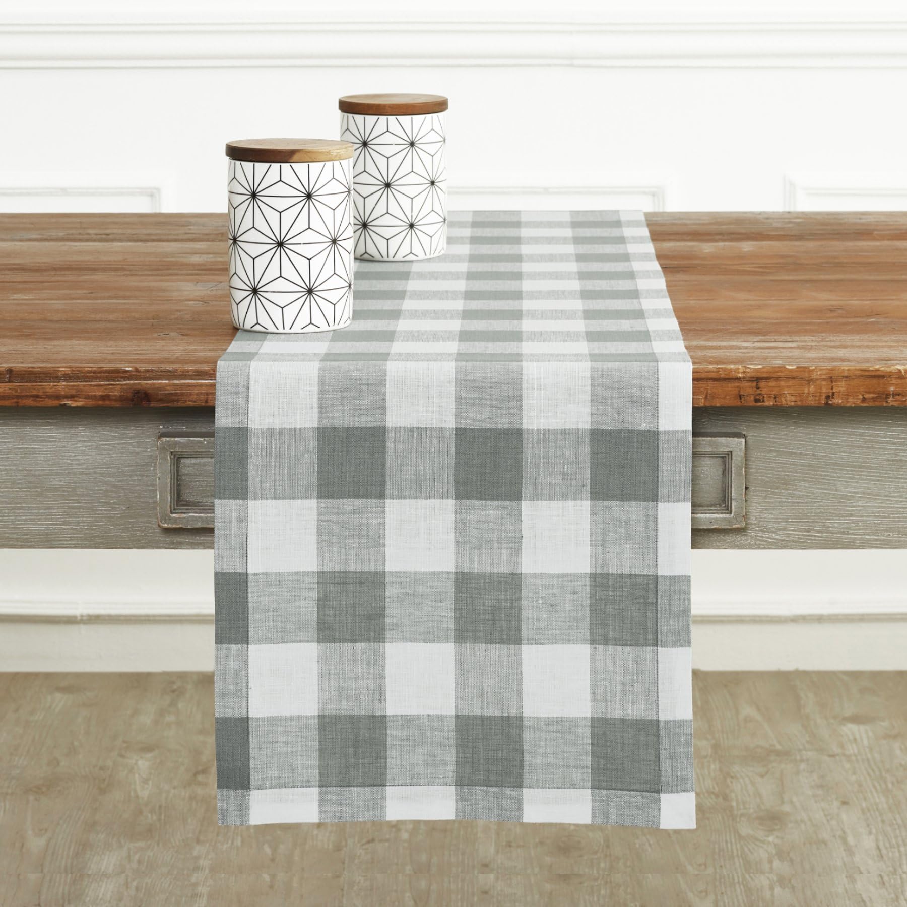 Solino Home Linen Check Table Runner 60 inches Long – 100% Pure Linen Grey and White Buffalo Plaid