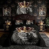 Homewish Wild Lion Full Size Comforter Set,Golden King Crown 3D Wildlife Bedding Comforters Bedroom Collection,African Tropical Animal Print Black Bedding Set for Girls Teens
