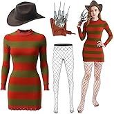 SHUASLE Halloween Costume for Women Adult Scary Killer Knitted Striped Dress with Brown Hat Glove and Mesh Stockings Cosplay