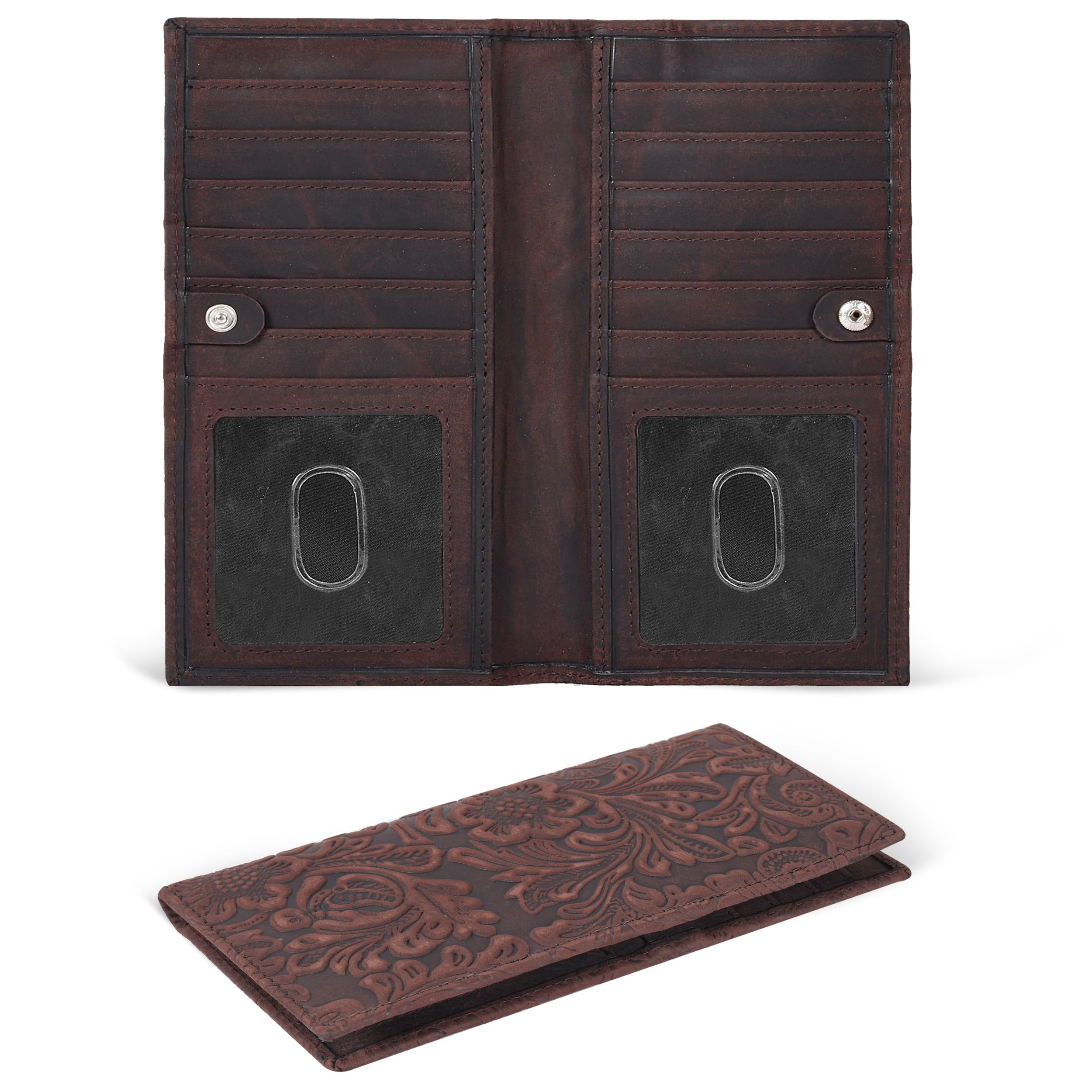Photo 1 of Real Leather Long Bifold Wallet for Men & Women - RFID Slim Bi Fold 12 Credit Card Holder 2 ID, Gift for Mens & Womens Brown Flower