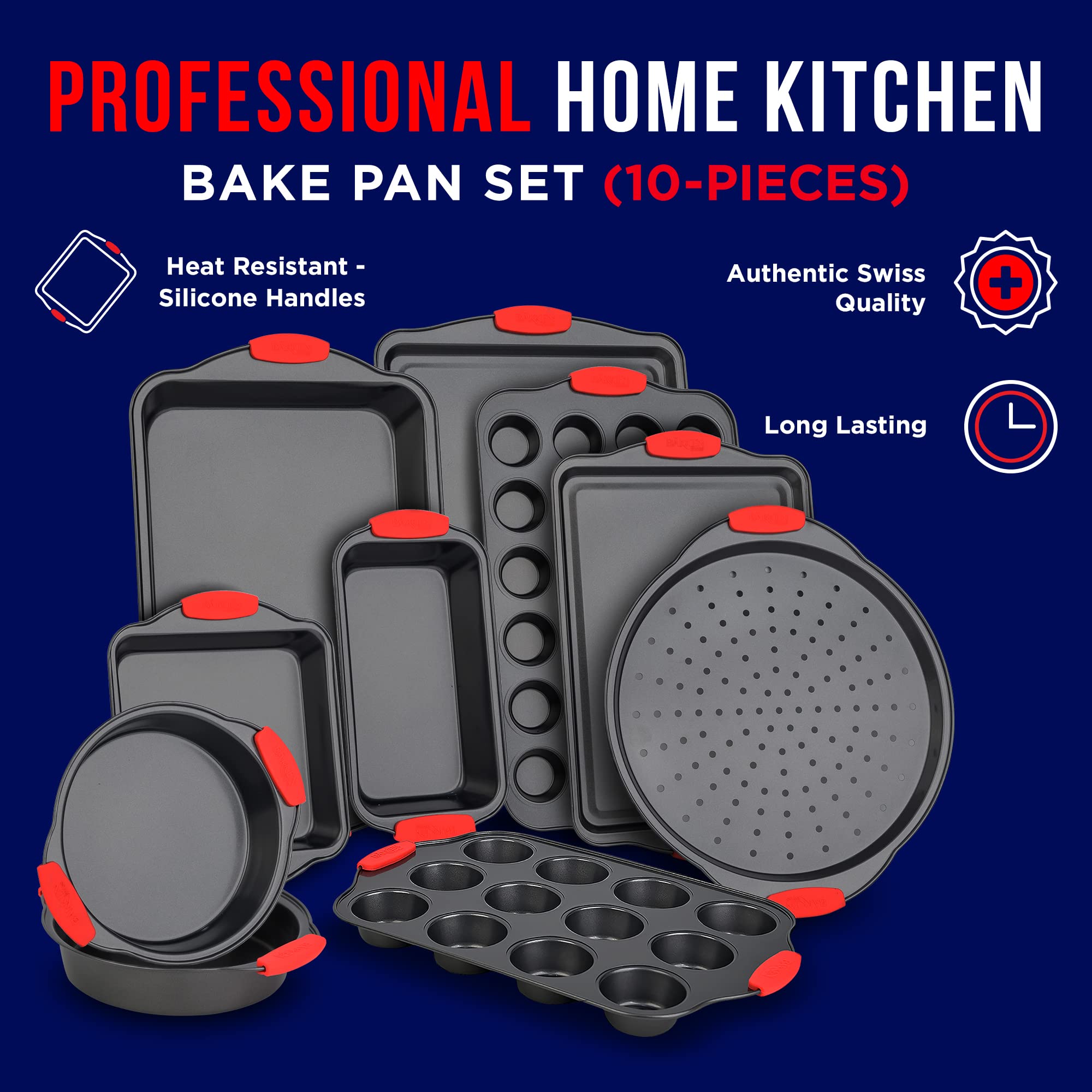 Baking Set – 10 Piece Kitchen Oven Bakeware Set – Deluxe Non-Stick Blue Coating Inside and Outside – Carbon Steel – Red Silicone Handles – PFOA PFOS and PTFE Free by Bakken,Black